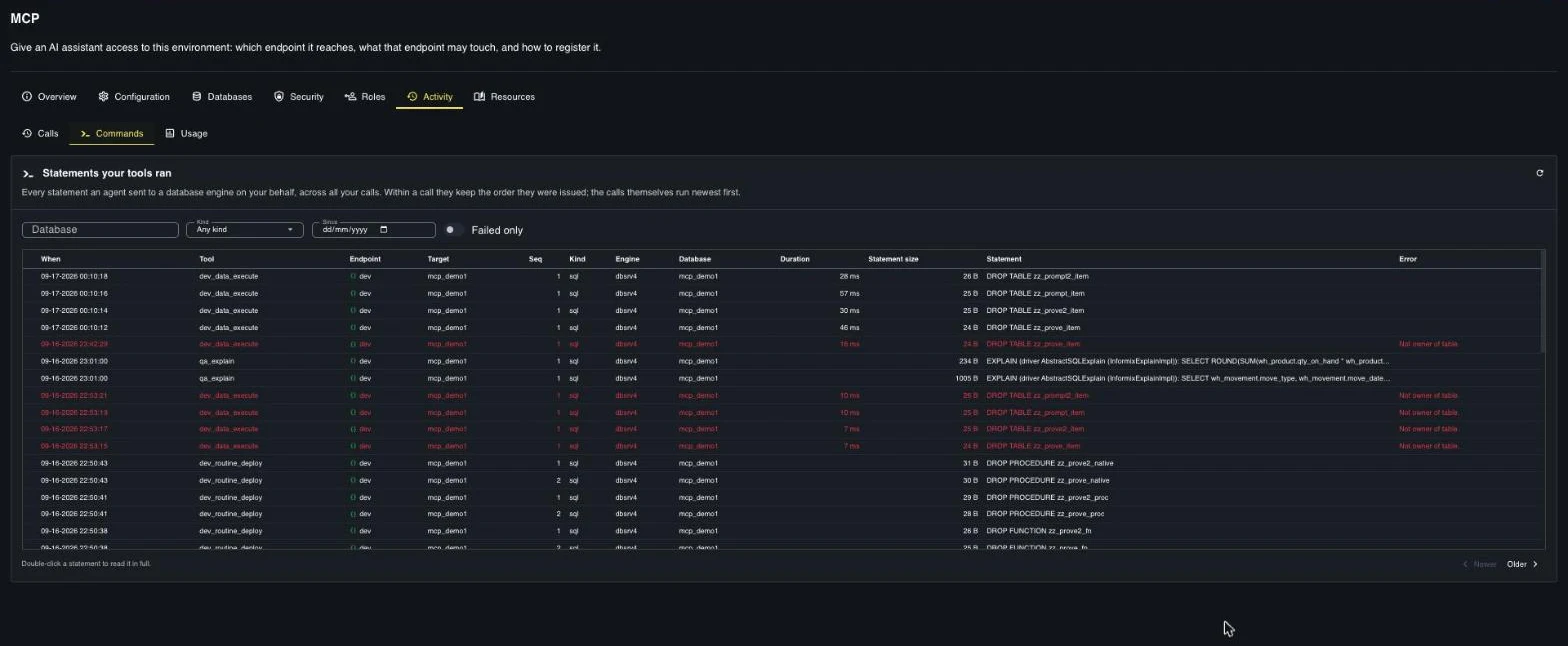 Statements your tools ran : every statement sent to a database engine on the user's behalf, with tool, endpoint, target, engine, database, duration, size, the statement and its error.