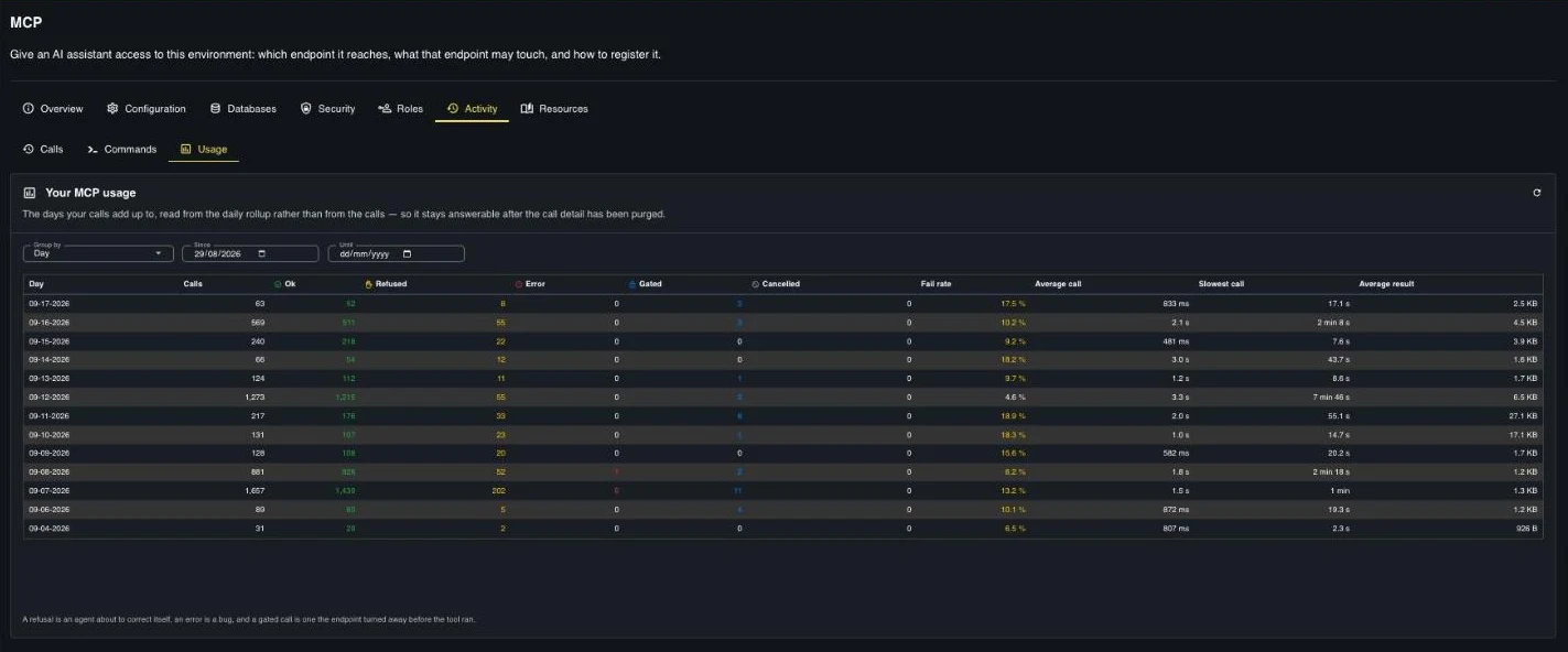 Your MCP usage : a daily roll-up of calls by outcome — ok, refused, error, gated, cancelled — with fail rate, average and slowest call and average result size.