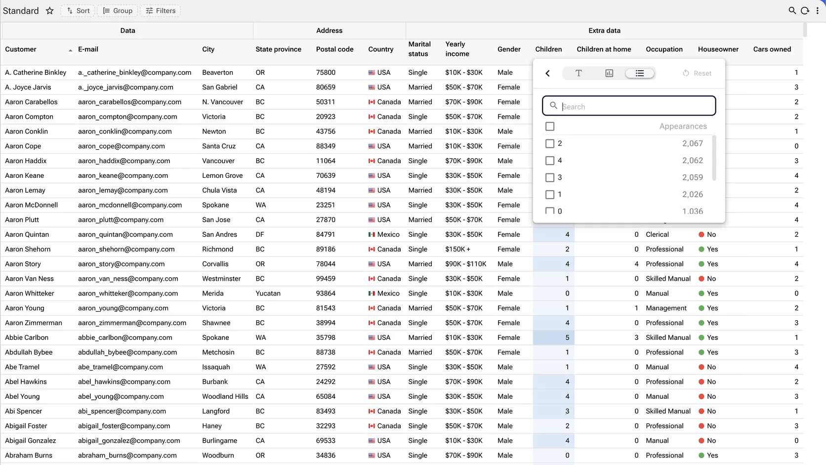 A per-column filter panel offering text, range and value-list modes, with the value list showing each distinct value beside the number of times it appears.