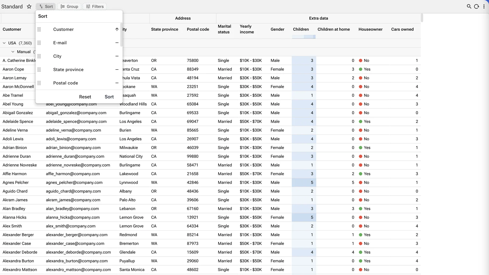 The sort panel open over the grid, listing columns in an ordered, draggable stack, each with an ascending or descending control, and reset and sort actions at the foot.