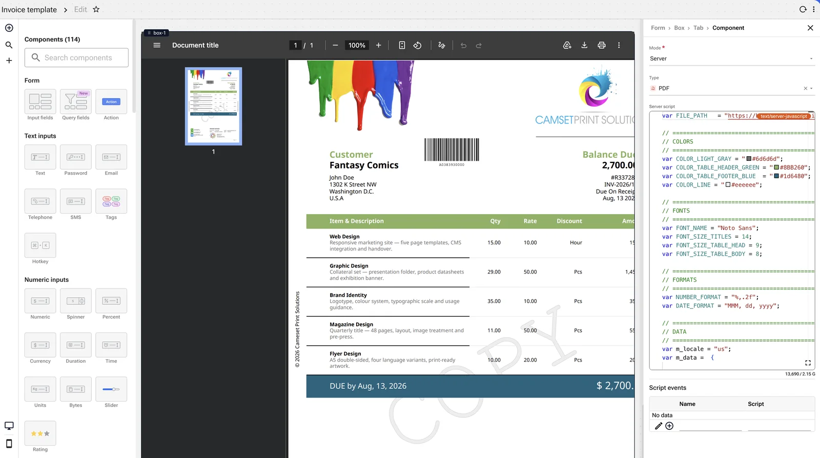 The Application Editor with an invoice open — the rendered document in the centre showing issuer logo, customer block, barcode, balance due, a styled line-item table and a totals band, and on the right the server script that produces it, with named constants for colours, fonts, number and date formats.