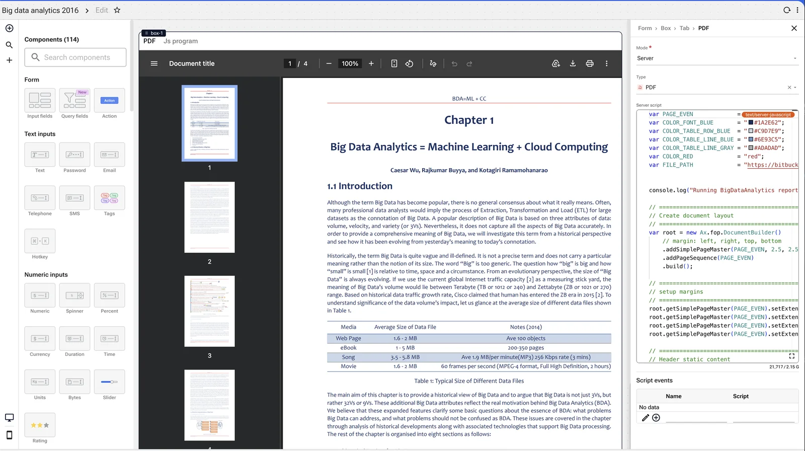 The Application Editor with a four-page typeset document open — running head, chapter title, numbered sections, justified body text, a ruled table with a caption and a dot-leader footer — and on the right the server script building it, calling a document builder to add page masters and set margins.
