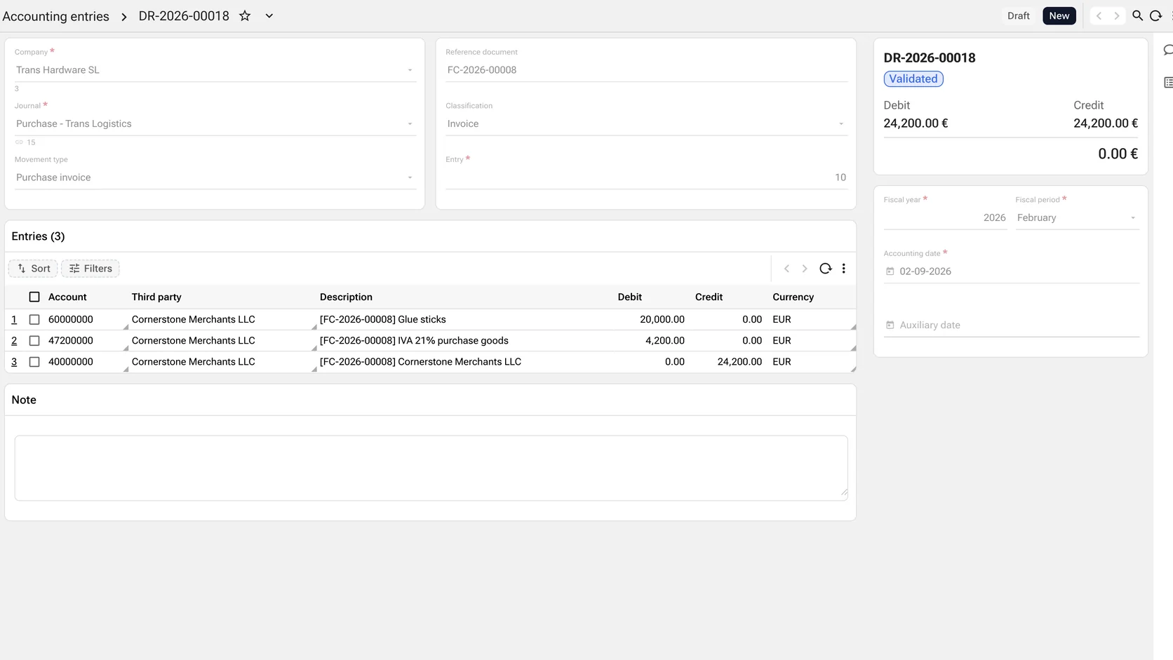 A validated accounting entry showing three lines — goods, recoverable VAT and the supplier payable — with debit and credit both equal and a difference of zero, linked to its source invoice.