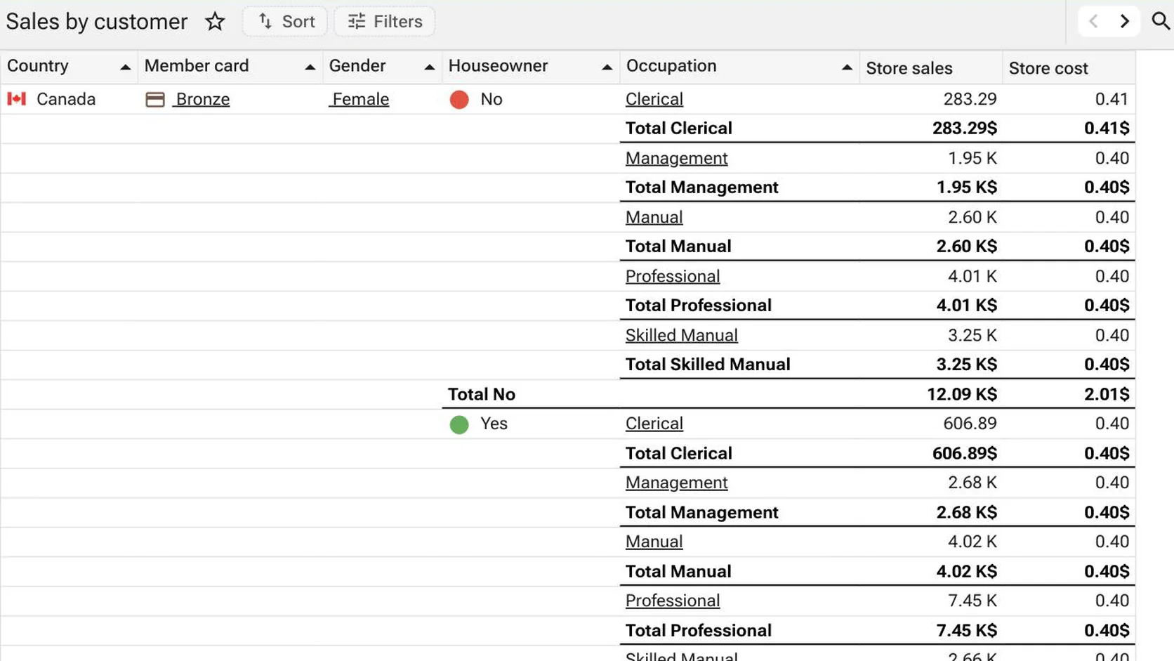 A sales-by-customer report grouped by country, membership tier, gender, home ownership and occupation, with a country flag, a card icon and red and green status indicators rendered inside the cells.