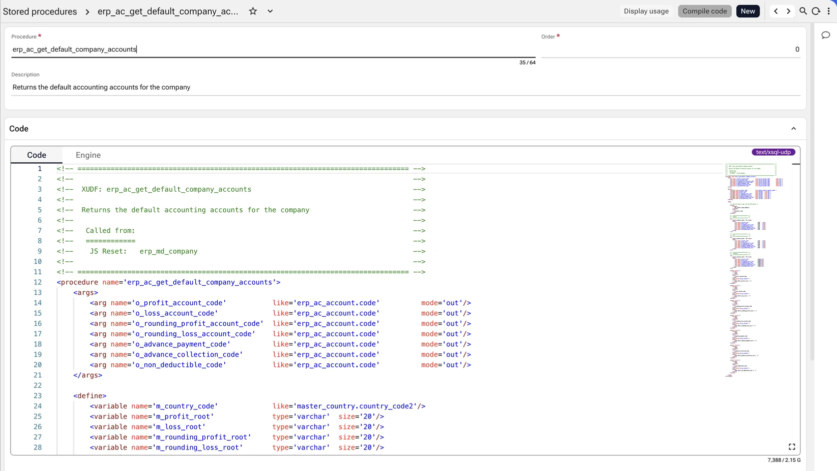 A stored procedure open in the dictionary — its arguments declared with the types of the columns they refer to, its local variables typed the same way, and a compile action in the toolbar.