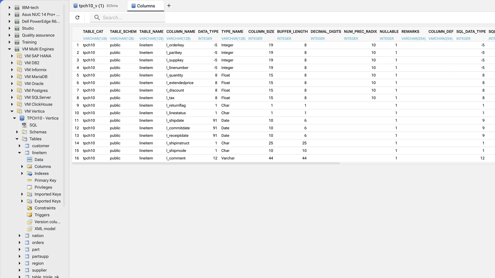 The browser IDE with a connection tree on the left listing the available database engines, one of them expanded down to a table and its Data, Columns, Indexes, Keys, Constraints and Triggers, and the column catalogue of that table open on the right with names, types, sizes and nullability.