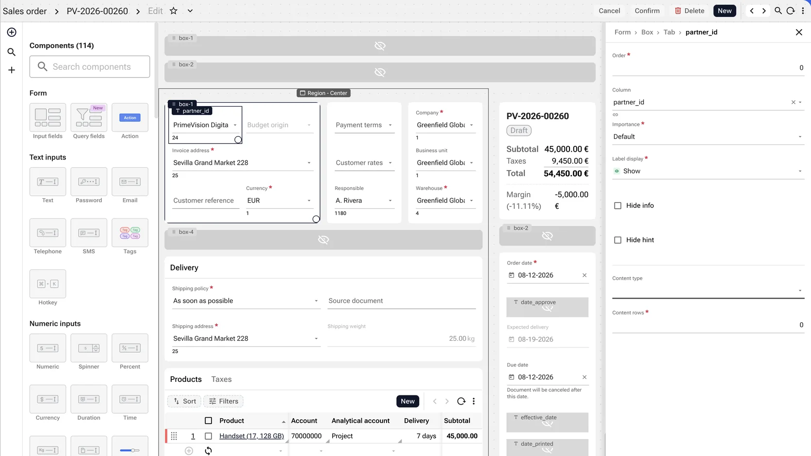 The Application Editor open on a draft sales order — the component palette on the left, the live form in the centre, and on the right the properties of the field currently selected: its column, importance, label display and content type.