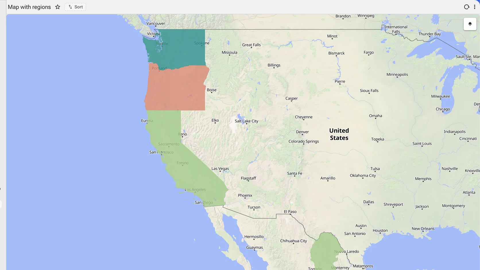 An OpenStreetMap base map of the western United States with three states shaded in distinct colours from the query, over street-level cartography.