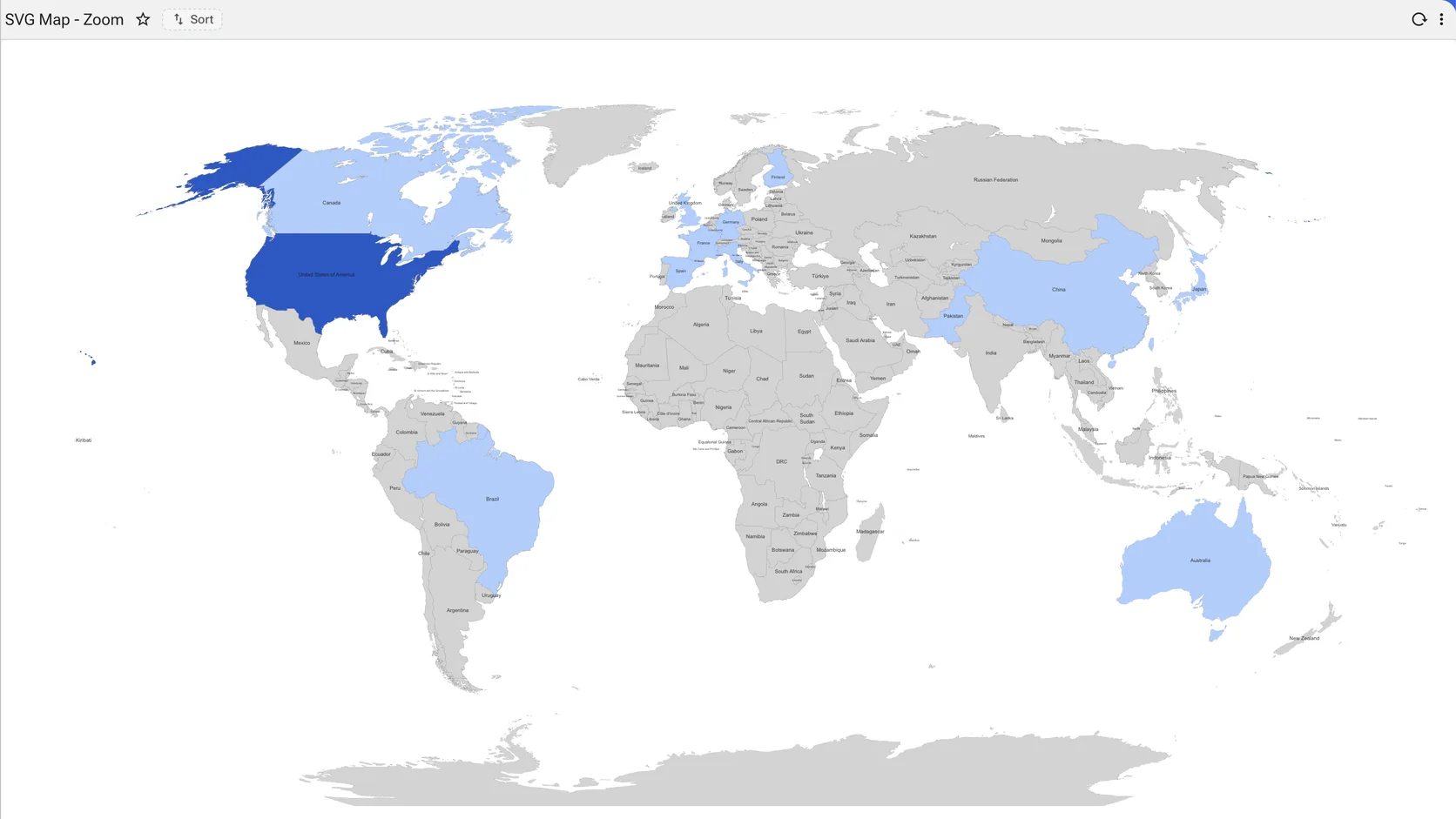 A world map with countries shaded from pale to deep by the value the query returned, over a neutral base layer.