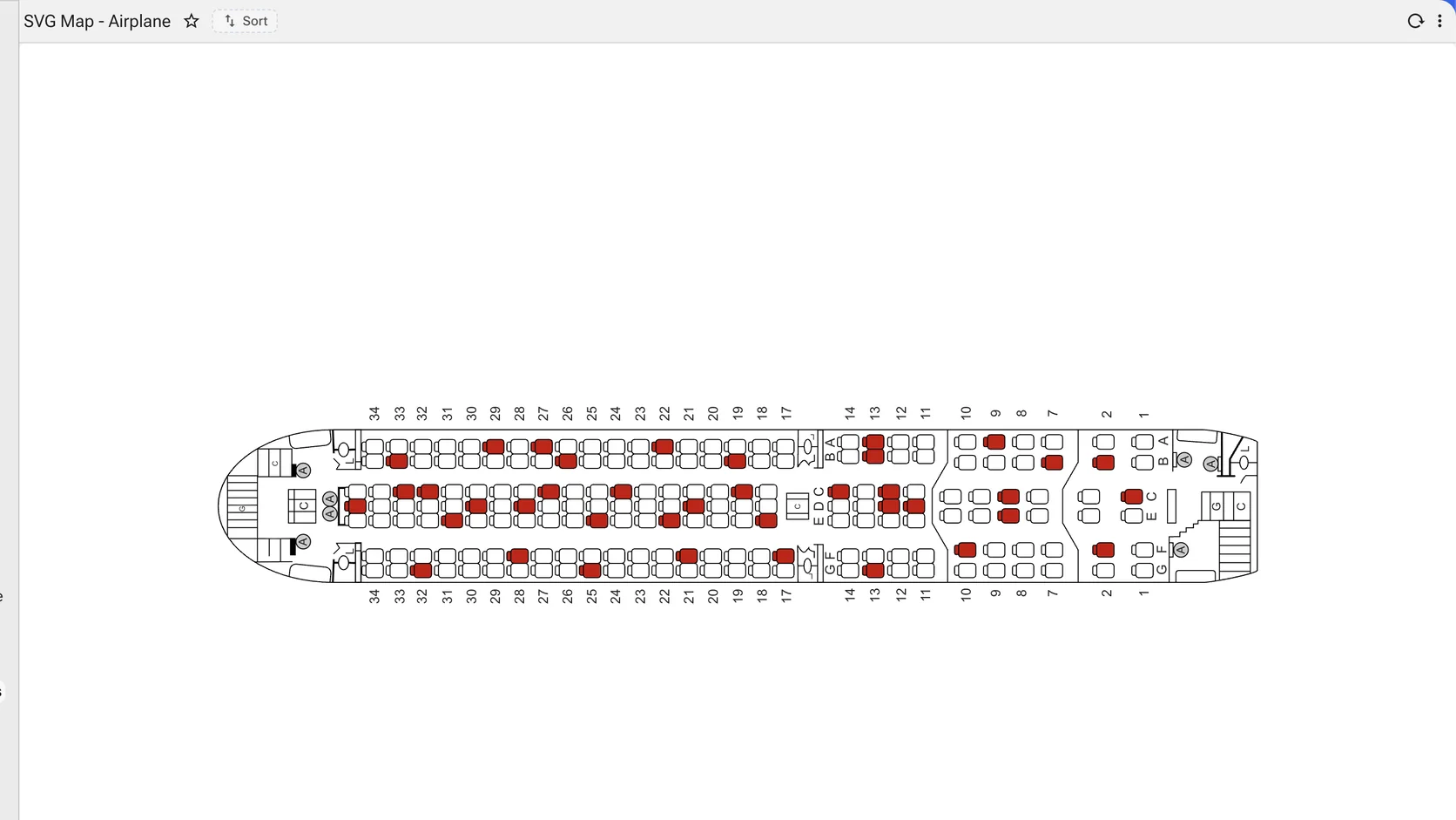 An aircraft cabin plan drawn nose to tail, every seat in its row and column, occupied seats filled in red against the empty ones.