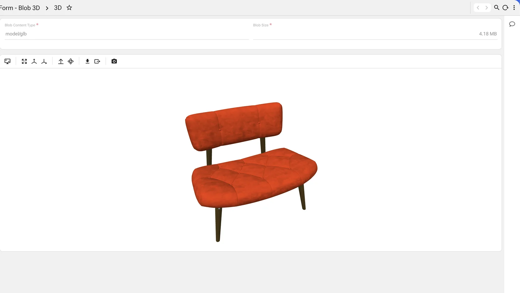 A form showing a blob column of content type model/glb and 4.18 MB, below it a 3D viewer rendering a red upholstered bench, with a toolbar for fullscreen, measurement, orientation, upload, download and screenshot.