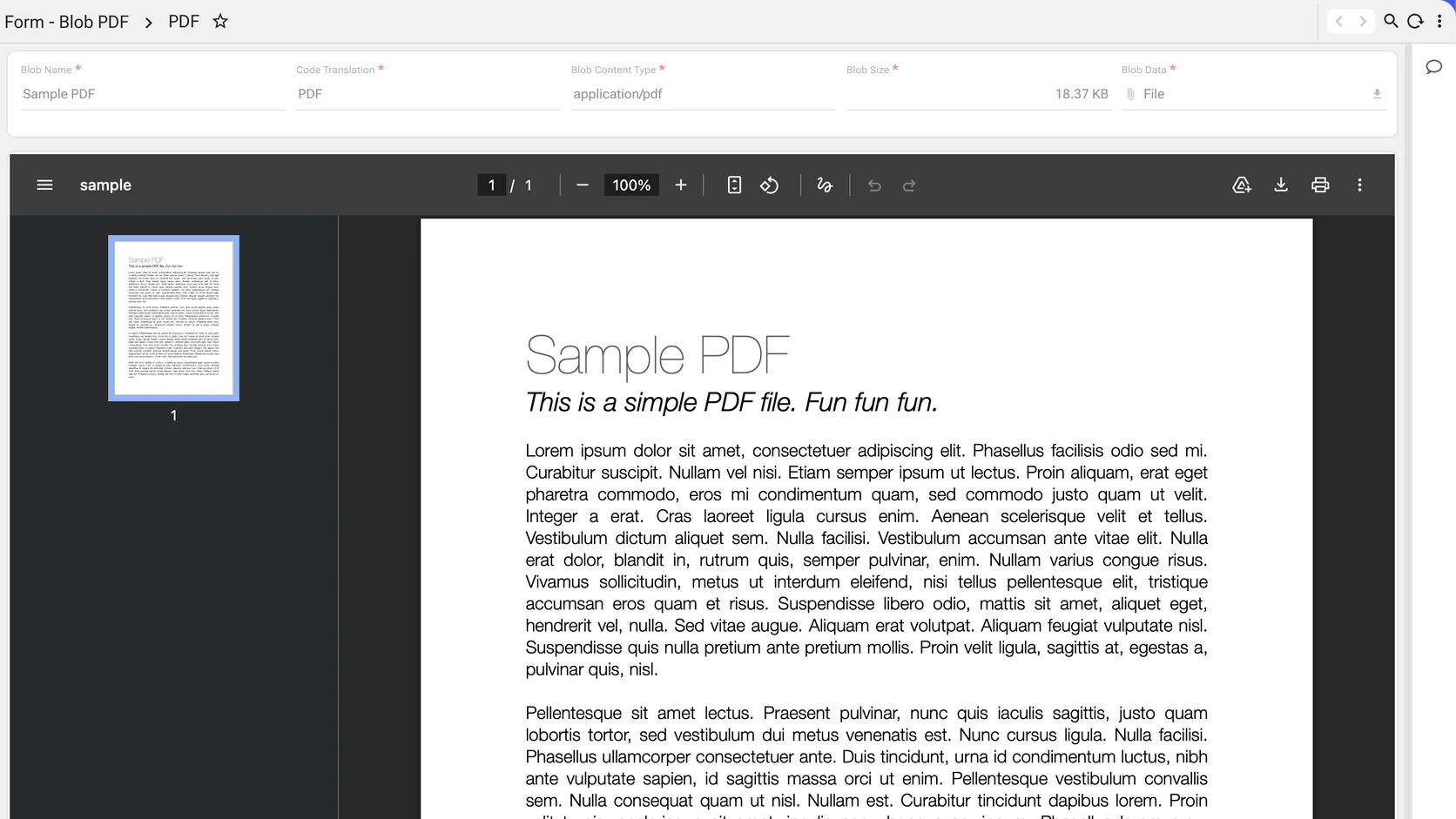 A form rendering a PDF inside a full viewer — page thumbnail rail, page counter, zoom control, rotate, print and download actions, with the document text visible.