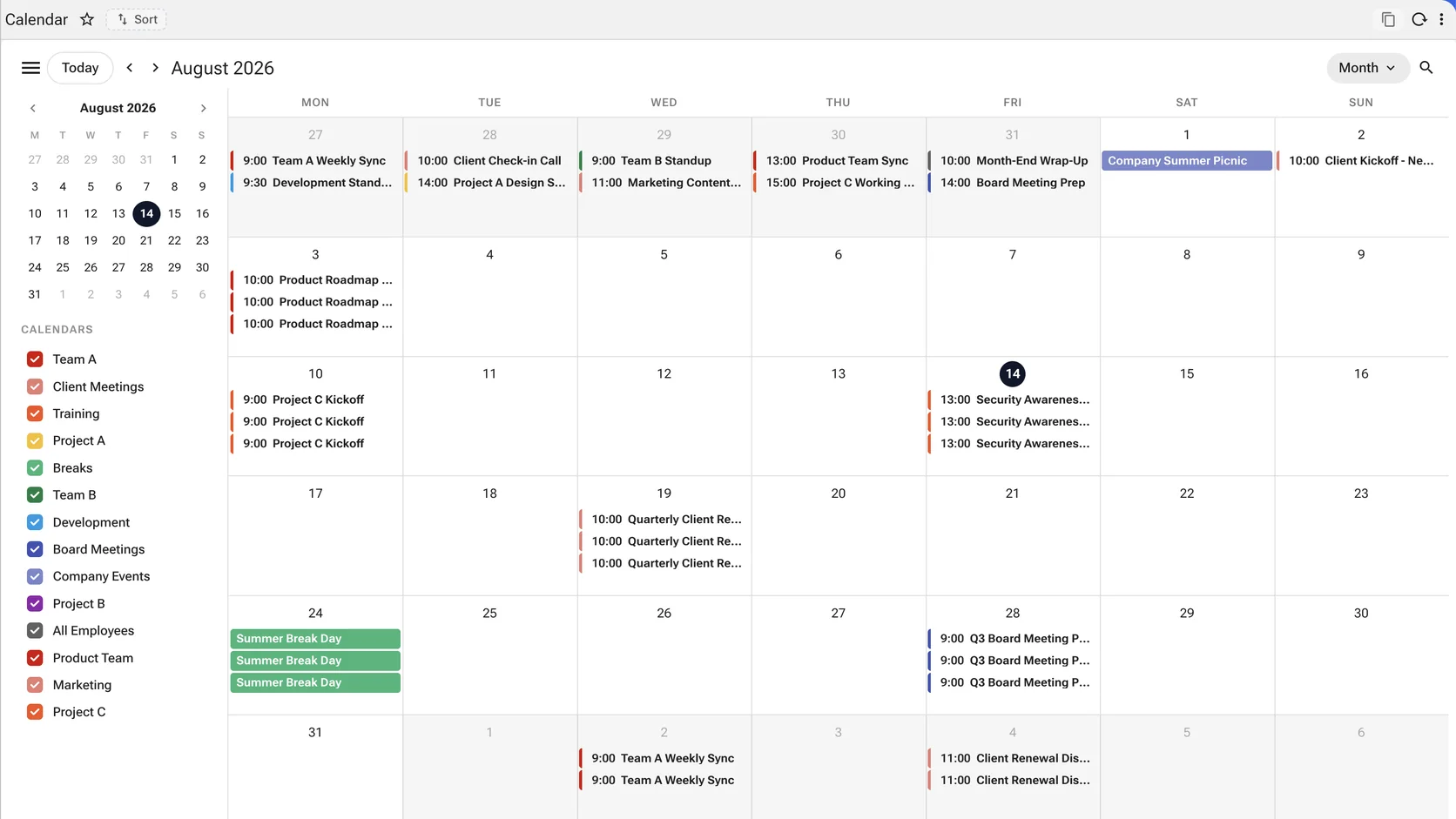 A month calendar carrying events from fifteen separate calendars at once — team schedules, client meetings, training, board meetings, company events and project streams — each in its own colour, with the legend down the left listing every one and a checkbox to hide it.