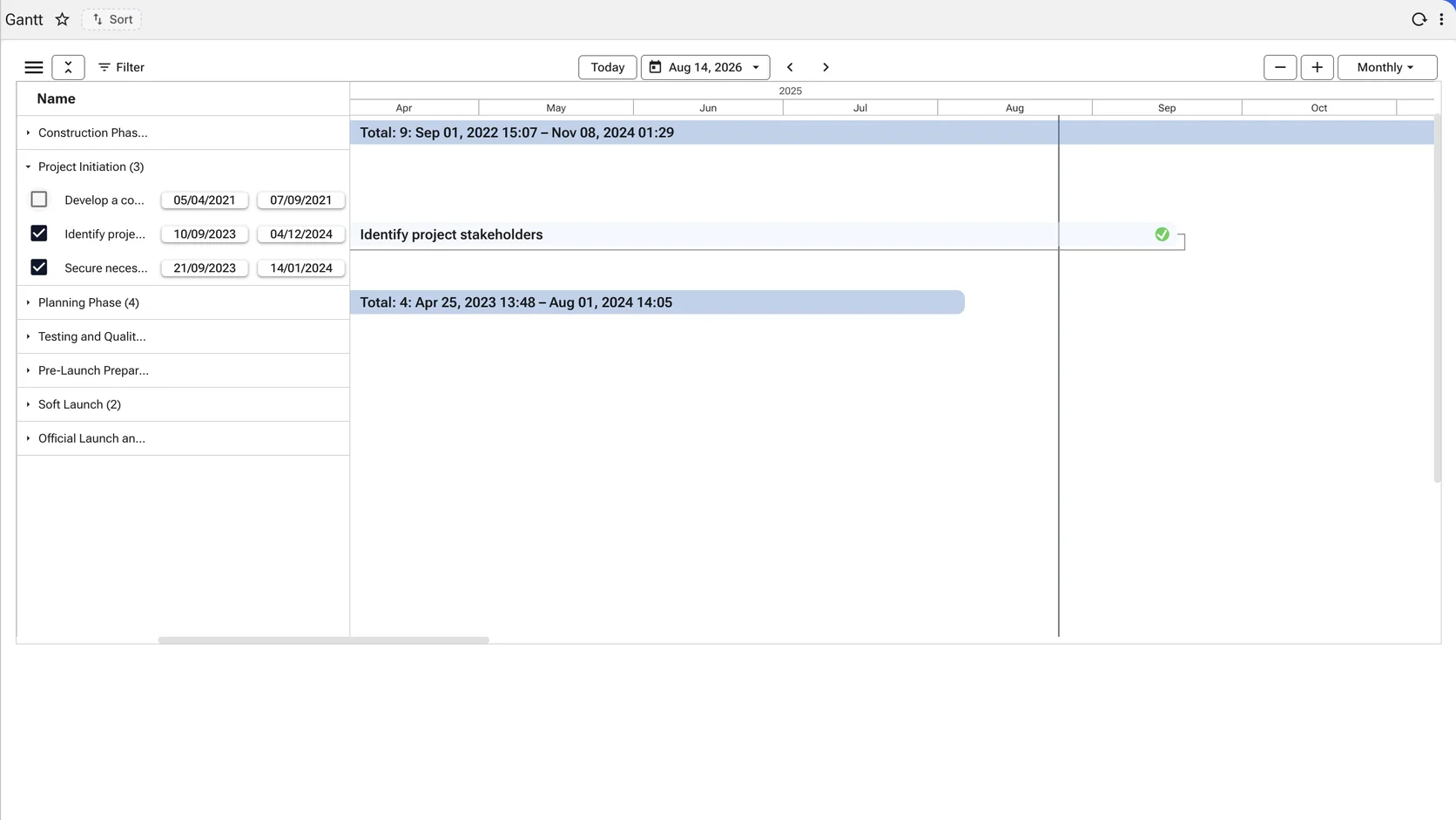 A Gantt chart at monthly scale: collapsible phases with task counts, summary bars spanning each phase’s date range, individual tasks with editable start and end dates, completion marks and a today line.