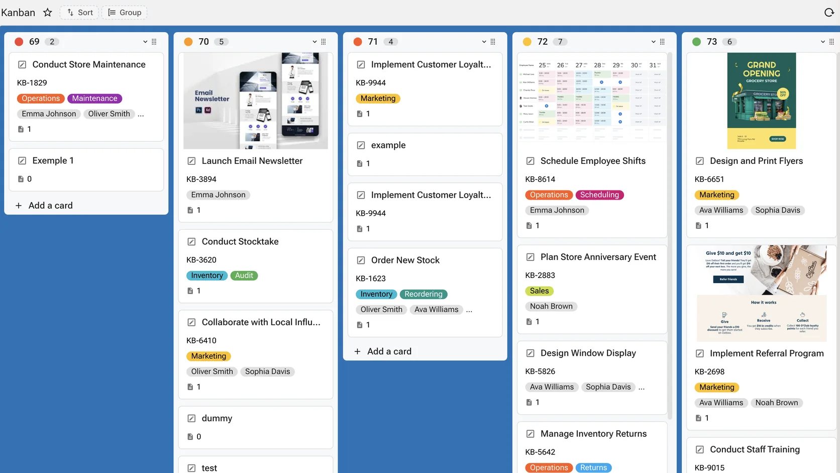 A Kanban board of five coloured columns with per-column counts, each card carrying a title, a reference code, category chips, assignees and an attachment count; some cards carry a preview image.